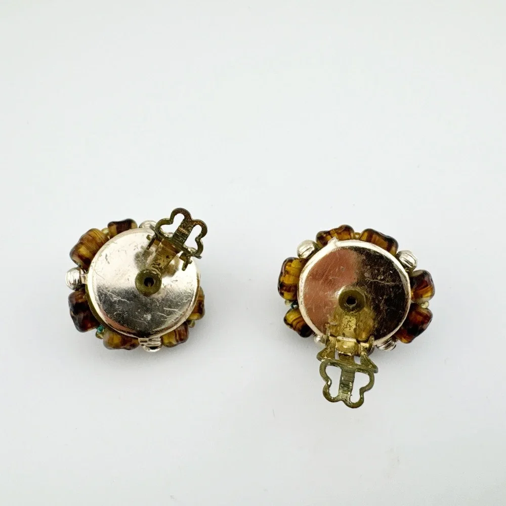 Vintage‎ Japan Brown Glass Bead Cluster Clip On Earrings